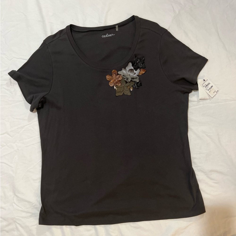 Charcoal gray shirt with leather flowers